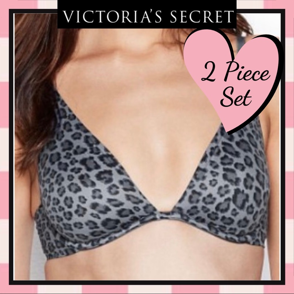 Victoria’s Secret 34D & Medium Brazilian Slip Panty & Leopard Print Plunge Bra